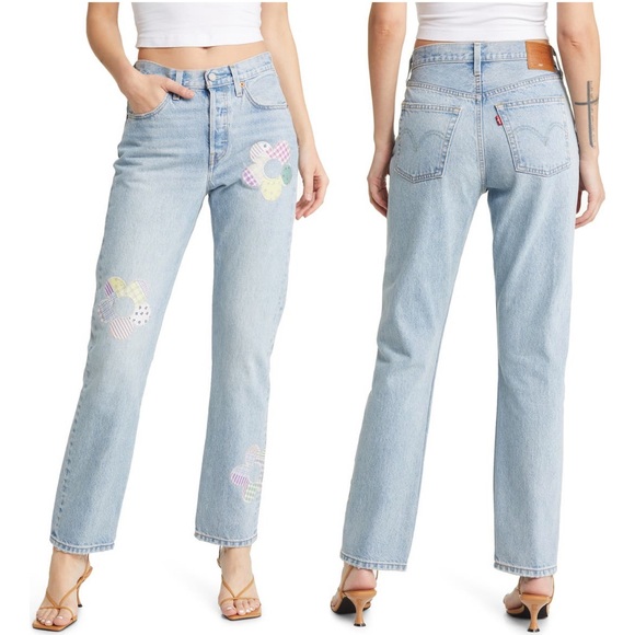 LEVIS 501 Patchwork Flower High Rise Straight Leg Jeans NWT - Picture 7 of 16